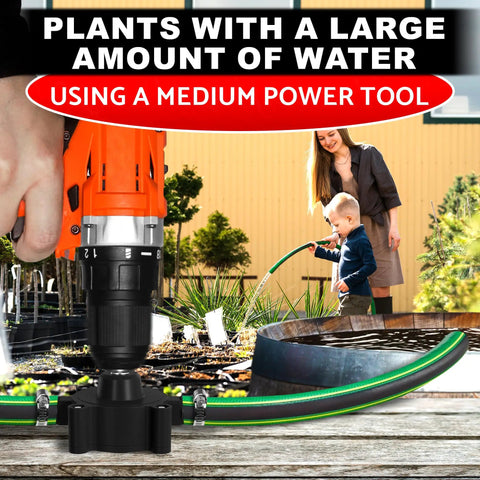 Portable Electric Drill Powered Water Transfer Pump being used for garden watering with hose and adjustable RPM setup