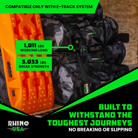 Image showing Rhino USA camouflage cargo bags with E Track Retractable Ratchet Tie Downs 2 Inch By 10 Foot Heavy Duty Cargo Straps.