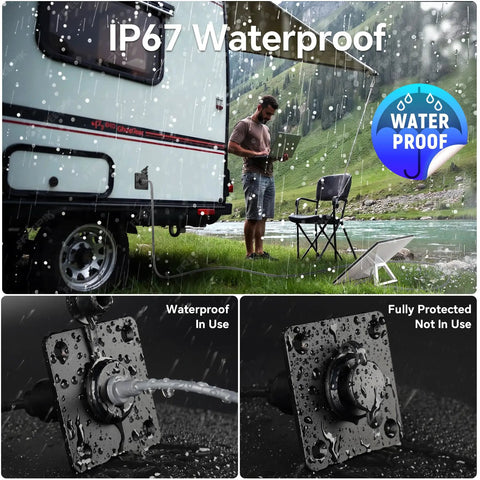 Waterproof wall socket passthrough for Starlink Mini aluminum DC 5.5x2.1mm connector in use on a campervan in rainy setting