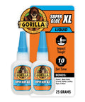 All Purpose Super Glue XL Clear Glue 25g Pack Of 2 For Fast Setting And Strong Bonds On Glass Plastic Wood Metal Ceramic Rubber Leather Paper And More Great For Quick DIY Home Repairs, showing two bottles on a card with brand label.