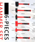 Six Piece Hammer Set With Rugged Fiberglass Handles For Metalworking And Home Garage Projects Includes 16oz Ball Pein Hammer 32oz Rubber Mallet 27oz Dead Blow 20oz Claw Hammer 3lb Sledge And 3lb Cross Pein Hammers