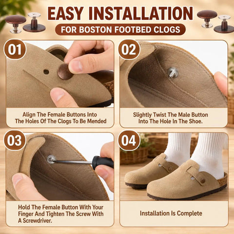 Easy installation steps for Heavy Duty Zinc Alloy Replacement Rivets For Cork Potato Clogs and Suede Rubber Footwear.
