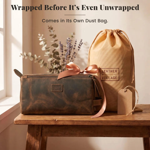 Top Shelf Genuine Buffalo Leather Toiletry Bag For Men And Women Brown Travel Organizer With Waterproof Inner Compartment on a table.