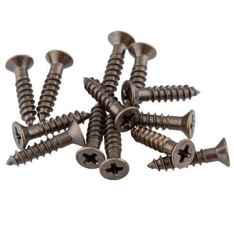 Heavy Duty Number 4 X Half Inch Flat Head Phillips Wood Screws In Antique Brass Finish, showing self-tapping threads for flush look.
