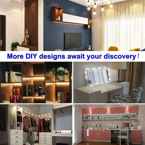 Various rooms showing lighting setups including LED Vanity Mirror Lights Kit With Five Color Temperature Hollywood Style Makeup Light 11 Ft Dimmable LED Strip For Table And Bathroom Mirror Brightness Adjustable From Cool White To Warm Yellow Mirror Not Included.
