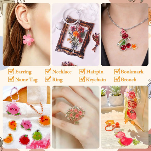 Collage of crafted accessories featuring earrings, necklaces, hairpins, bookmarks, and rings made from Super Slick Printable Shrink Plastic Sheets A4 Size 20 Pack Real Deal Heat Shrink Film For Inkjet Printers And Art Markers Easy DIY Craft Projects Totally Dope And No Hassle Clear Finish.