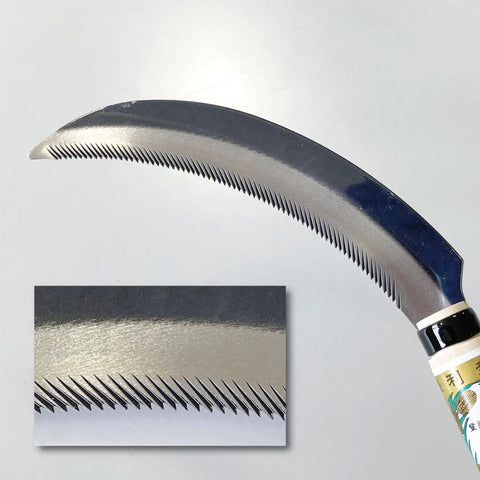 Close-up of Cutting Sickle With 15 Inch Overall Length And 5 Point 9 Inch Blade From Yasuki Steel Blue Paper No 2 showcasing blade teeth.