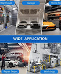 Wide application of 12 Ton Hydraulic Shop Press With Adjustable Table Heavy Duty Steel H Frame For Auto Repair, shown in garage and workshop settings.