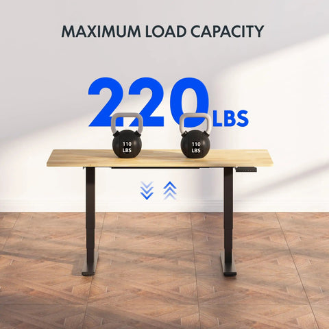 FlexiSpot E6 Solid Wood Electric Standing Desk With 2-Stage Dual Motor Adjustable Height Up To 48 inches By 24 inches Heavy Duty Rubberwood Desktop with kettlebells.