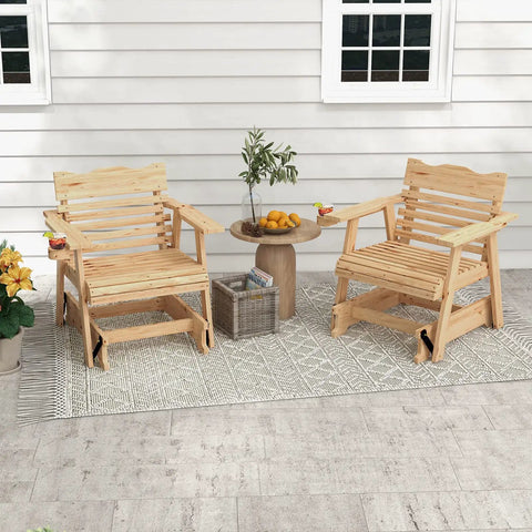 Outdoor Fir Wood Glider Chair With Hidden Rotatable Cup Holder And Curved Seat For Porch Patio And Backyard Natural Finish