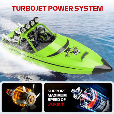 Beast High Speed RC Jet Boat With Auto Flip And Dual Batteries, green jet propulsion, in action on water