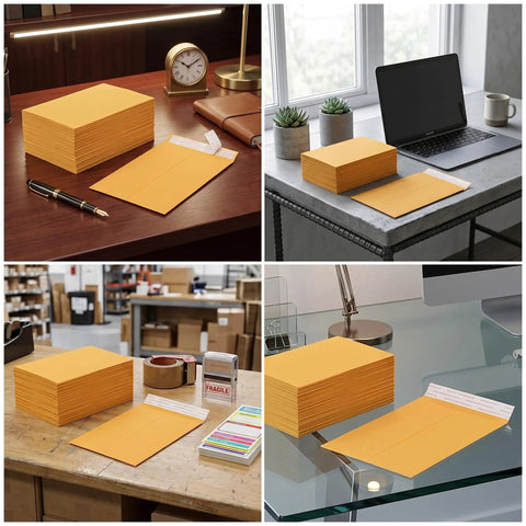 25 Pack Manila Self Seal Envelopes 9x12 Catalog Mailers With Kraft Finish on various desks