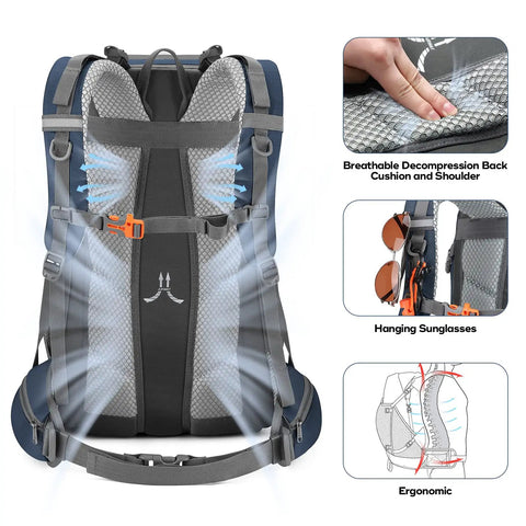 Back view of 40L Lightweight Hiking Backpack With Rain Cover Ripstop 210D Nylon Daypack showcasing breathable back support.