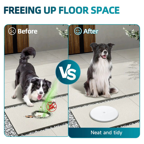 7 Inch Round Cleanout Cover Plate With Large Center Screw, Decorative Blank Access Plate To Hide Plumbing Holes, Sturdy White Build That Looks Fresh And Swaps On With No Sweat, shown before and after installation.
