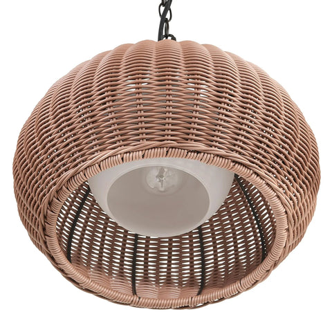 One Light Outdoor Plug In Pendant Lighting With Plastic Rattan Shade Frosted Inner Layer Bronze Hanging Cord And Chain Indoor Outdoor Compatible Ceiling Light For Patio Porch Or Balcony Chill Vibe Ambience close-up view