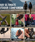 Multitool carabiner showing knife, bottle opener, glass breaker, Phillips screwdriver for everyday carry camping and hiking.