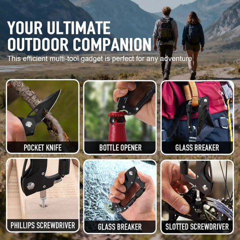 Multitool carabiner showing knife, bottle opener, glass breaker, Phillips screwdriver for everyday carry camping and hiking.