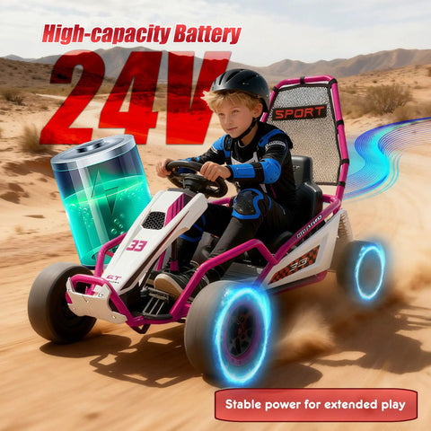 Child riding Kids 24V Electric Go Kart With Dual 200W Motors, 11 MPH Drift Ride On Toy, Front EVA Wheel And Metal Frame, outdoors