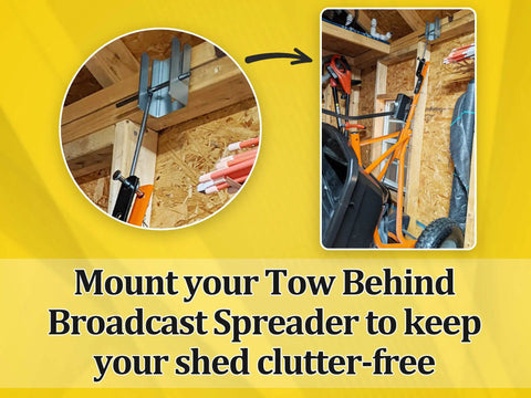 Tow Behind Wall Mount Bracket Kit For Lawn Care Attachments in shed, organizing spreaders and tools off the floor