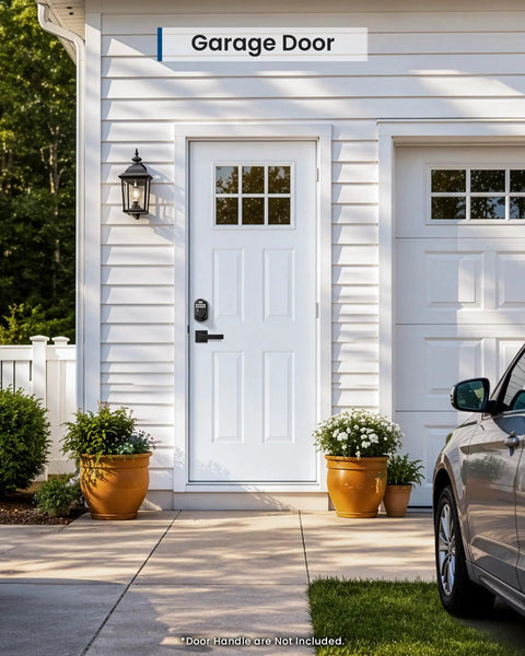 Built Tough WiFi Keypad Deadbolt For Your Front Door Zero Hassle Smart Lock With Matte Black Finish on white garage door.
