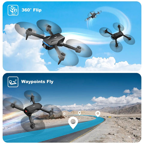 1080P HD Foldable Drone With Carrying Case For Adults, One Key Takeoff And Landing shown demonstrating 360 degree flip and waypoints fly.