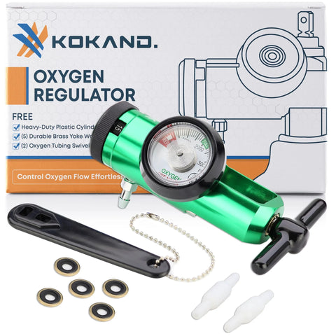 Green KOKAND oxygen regulator with gauge 0–15 LPM; includes wrench, brass washers, tubing connectors, and nozzles.