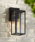 Dope Mystic Black Outdoor Wall Light With Clear Glass Panel mounted on brick wall