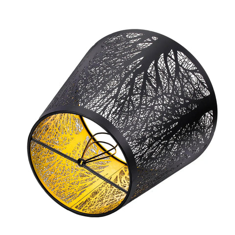 Double Pack Clip On Lampshades For Candelabra Bulbs, Barrel Metal Lampshade With Tree Pattern In Black And Gold, Interior View