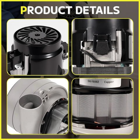 Central vacuum motor, round black plastic housing with vented top front view
Central vacuum motor side view with mounting bracket and wiring
Close-up of blower housing and vented cap
Installed view of vacuum motor showing cooling fins and wiring