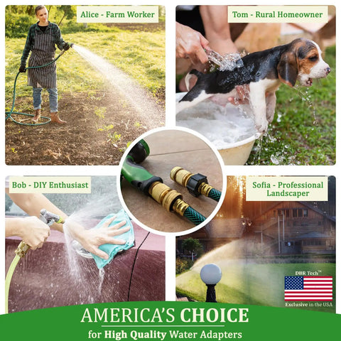 Heavy Duty Brass Hose Quick Connect Fittings 3/4-Inch Garden Hose Quick Disconnect Set visible in various outdoor uses.
