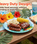 Close-up of Tropical Island Party Supplies Set For 10 Guests with food on Polynesian style plates and tableware.