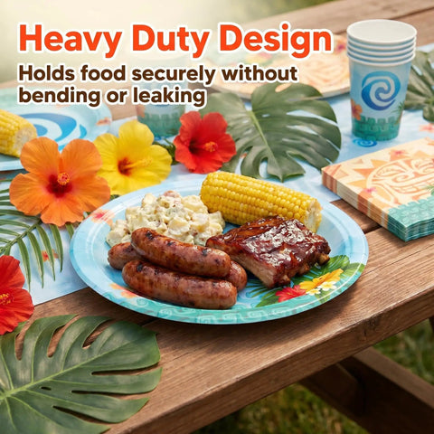 Close-up of Tropical Island Party Supplies Set For 10 Guests with food on Polynesian style plates and tableware.