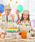 Kids Explorer Costume Set 36 Pcs With Plastic Explorer Hats Vest And Tote Bag for party with cake and colorful decorations