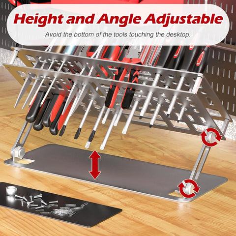 Premium Screwdriver Organizer Holder For Desktop Tools with adjustable height and angle, silver finish holding tools.