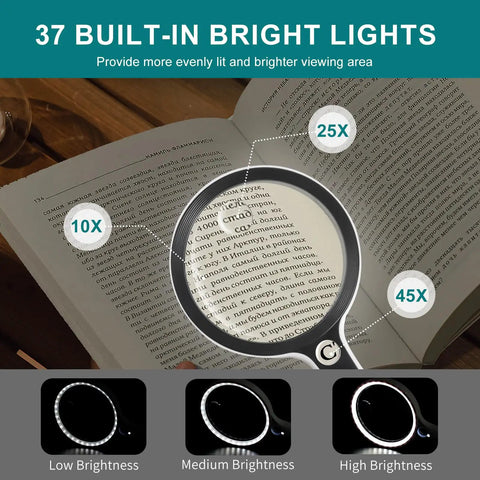 Large Magnifying Glass With 37 LED Lights, 10X 20X 45X Handheld Illuminated Magnifier With Three Light Modes shown over book