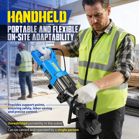 Man operating Heavy Duty 110V Hydraulic Rebar Bender 1400W Pure Copper Motor Portable Handheld Steel Rod Bending Machine on-site.