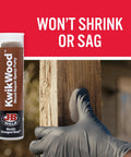 KwikWood Wood Repair Epoxy Putty Stick Tan 1 Oz Hand Mixable Two Part Repair Compound in use on damaged wooden surface