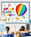 Hot Air Balloon Bulletin Board Set With 57 Pieces Including Balloons And Clouds Borders Letters And Crepe Paper Rolls in classroom