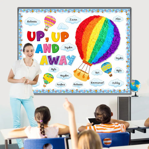 Hot Air Balloon Bulletin Board Set With 57 Pieces Including Balloons And Clouds Borders Letters And Crepe Paper Rolls in classroom