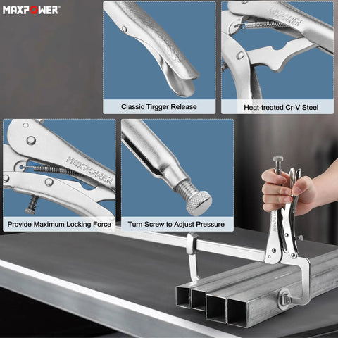 Beefy Heavy Duty Sliding Arm Locking C Clamp 12 Inch with flat swivel pads shown securing metal for welding application