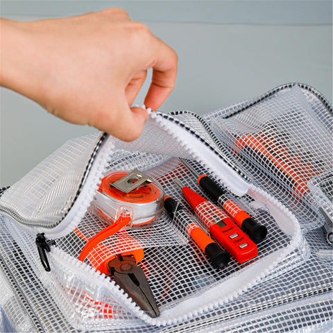 Clear Anti Static Crossbody Satchel For Laptops And Precision Tools, transparent bag showing tools and pens inside.