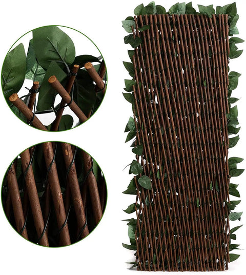 Expandable Fence Privacy Screen With Faux Ivy Fencing Panel For Balcony Patio Outdoor Use 16x45 Inch Closed To 92 Inch Wide FSC Certified Willow Frame Low Maintenance Garden Backyard Home Decor