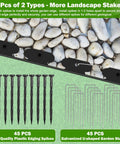 90 pieces of garden staples and spikes in 50Ft By 2In Landscape Edging Border Kit With 90 Pieces Garden Staples No Dig Border Edging System Includes Hammer And Gloves For Flower Beds And Lawn Edging, shown on a background of pebbles.