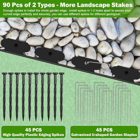 90 pieces of garden staples and spikes in 50Ft By 2In Landscape Edging Border Kit With 90 Pieces Garden Staples No Dig Border Edging System Includes Hammer And Gloves For Flower Beds And Lawn Edging, shown on a background of pebbles.