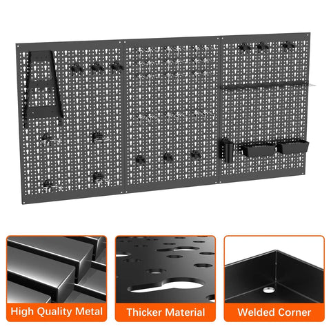 Heavy Duty Metal Pegboard Panels 3 Pack For Garage Wall Organization And Tool Storage, Modular Peg Board Organizer For Workbench, Powder Coated Steel Panels In Black