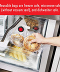 Reusable bag with bagel in Fresh And Save Vacuum Sealer Starter Set With Rechargeable Machine Six Piece Kit Including Large Storage Container And Multiple Bags For Easy Meal Prep And Prolonged Freshness For Fruits Vegetables And Meats.