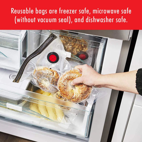 Reusable bag with bagel in Fresh And Save Vacuum Sealer Starter Set With Rechargeable Machine Six Piece Kit Including Large Storage Container And Multiple Bags For Easy Meal Prep And Prolonged Freshness For Fruits Vegetables And Meats.