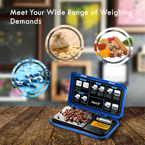 Precision Pocket Scale 200G 0.01G Digital Gram Scale With LCD Display in use with coins, pills, and spices on a wooden table