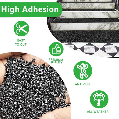 Heavy Duty Anti Slip Tape 6 Inch By 35 Feet With 80 Grit Friction Grip shown on stairs and close-up of texture.