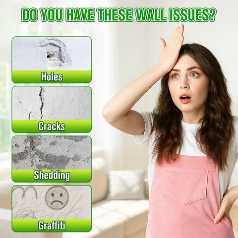 Woman looking distressed next to examples of wall issues: holes, cracks, shedding, and graffiti in a home interior.